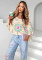 Ażurowy Pulover boho Mandy beżowo-albastru azuriu