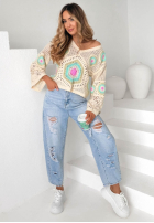 Ażurowy Pulover boho Mandy beżowo-albastru azuriu