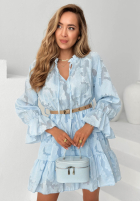 Rochie mini z falbankami i paskiem Abigail albastru azuriu