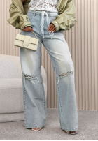 Pantaloni din denim wide leg z koronkowym paskiem Gabrielle albastru deschis