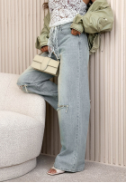 Pantaloni din denim wide leg z koronkowym paskiem Gabrielle albastru deschis