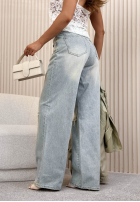 Pantaloni din denim wide leg z koronkowym paskiem Gabrielle albastru deschis