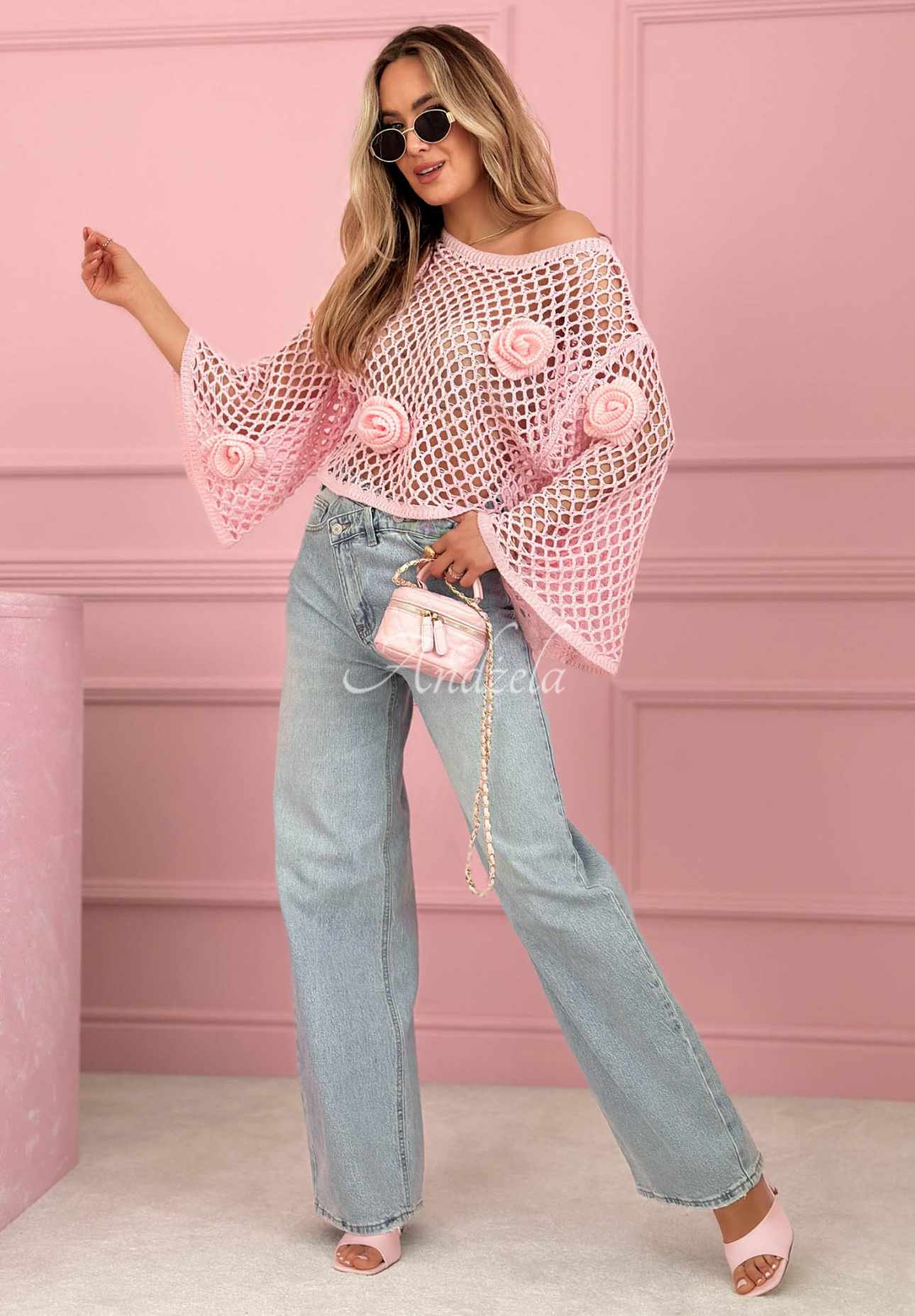 Pulover scurt ajurat cu trandafiri Summer Rose