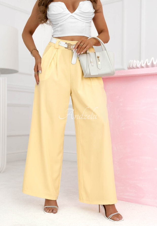 Pantaloni evazați din viscoză wide leg cu curea Morning Cappuccino