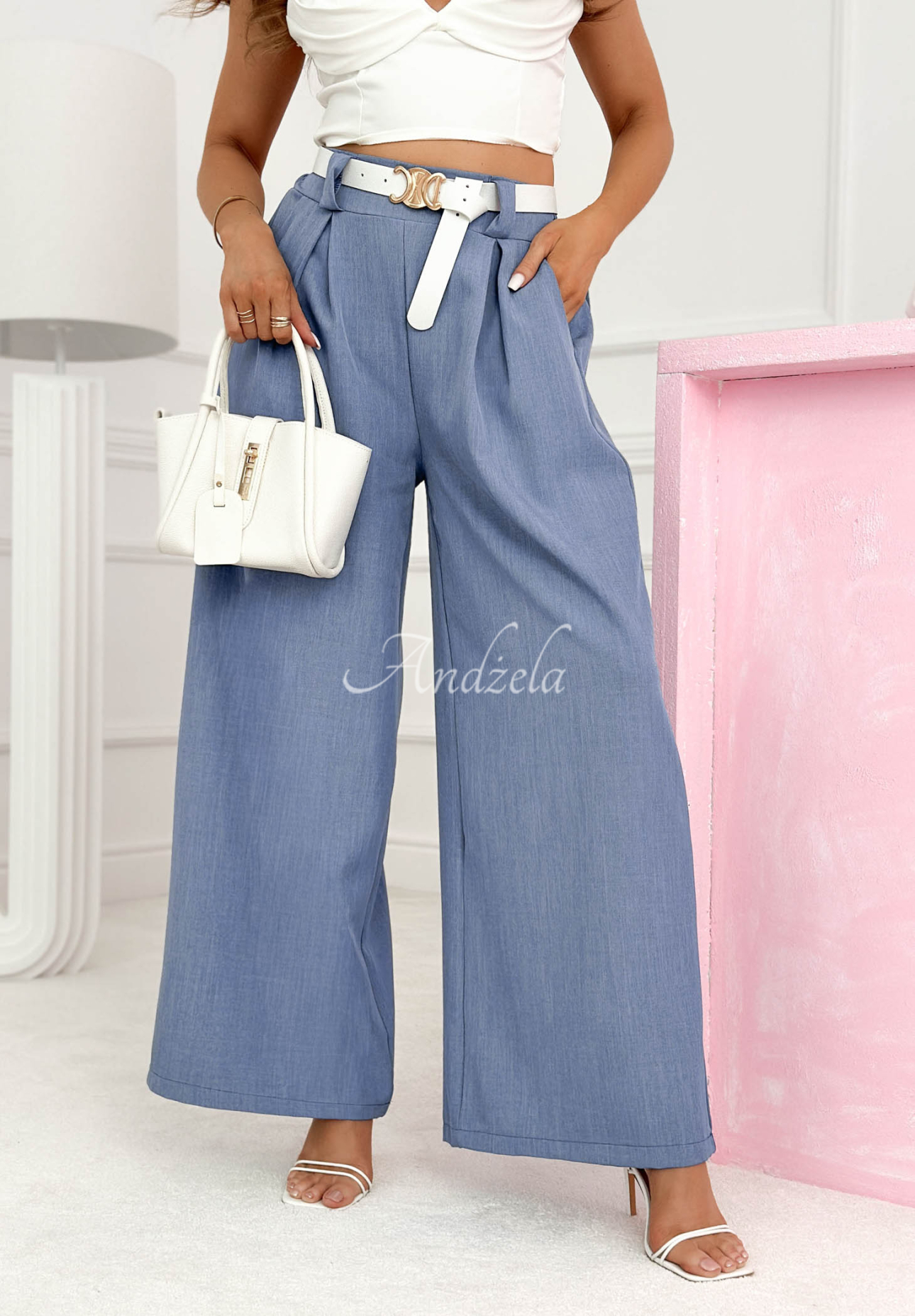 Pantaloni evazați din viscoză wide leg cu curea Morning Cappuccino