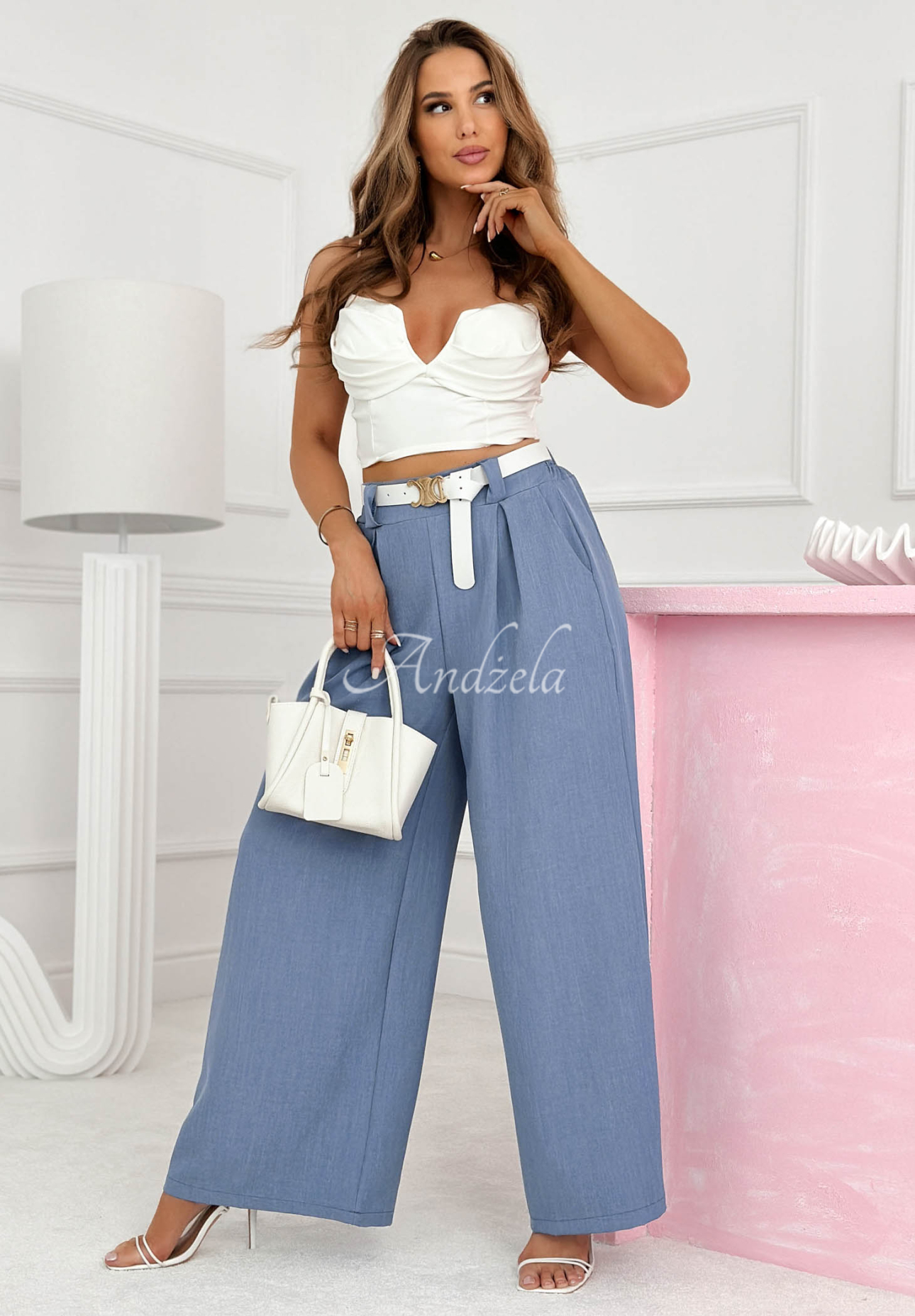 Pantaloni evazați din viscoză wide leg cu curea Morning Cappuccino