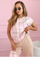 Compleu Bluză i Pantaloni w kratę Always Here roz pudră