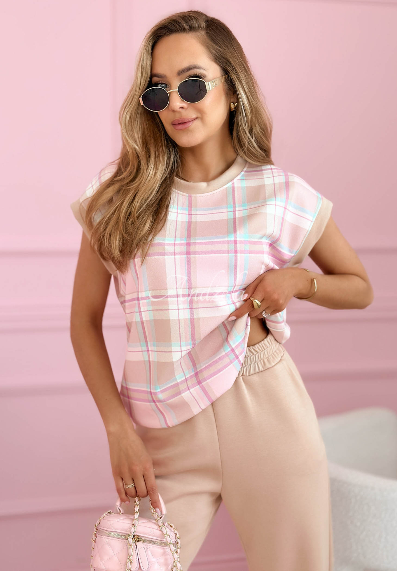 Set din viscoză cu imprimeu în carouri bluză și pantaloni Always Here