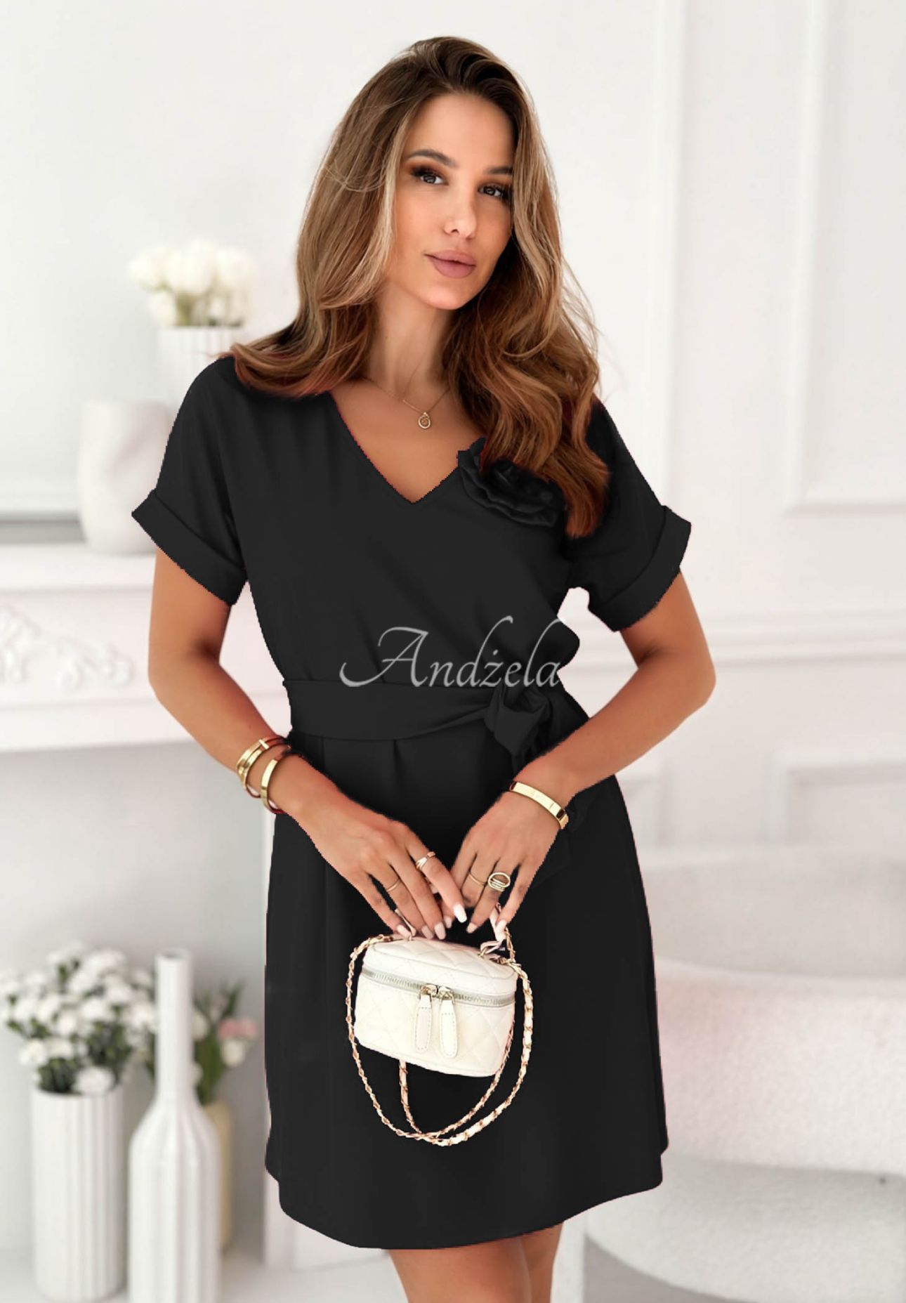 Rochie mini cu floare și viscoză Petal Romance