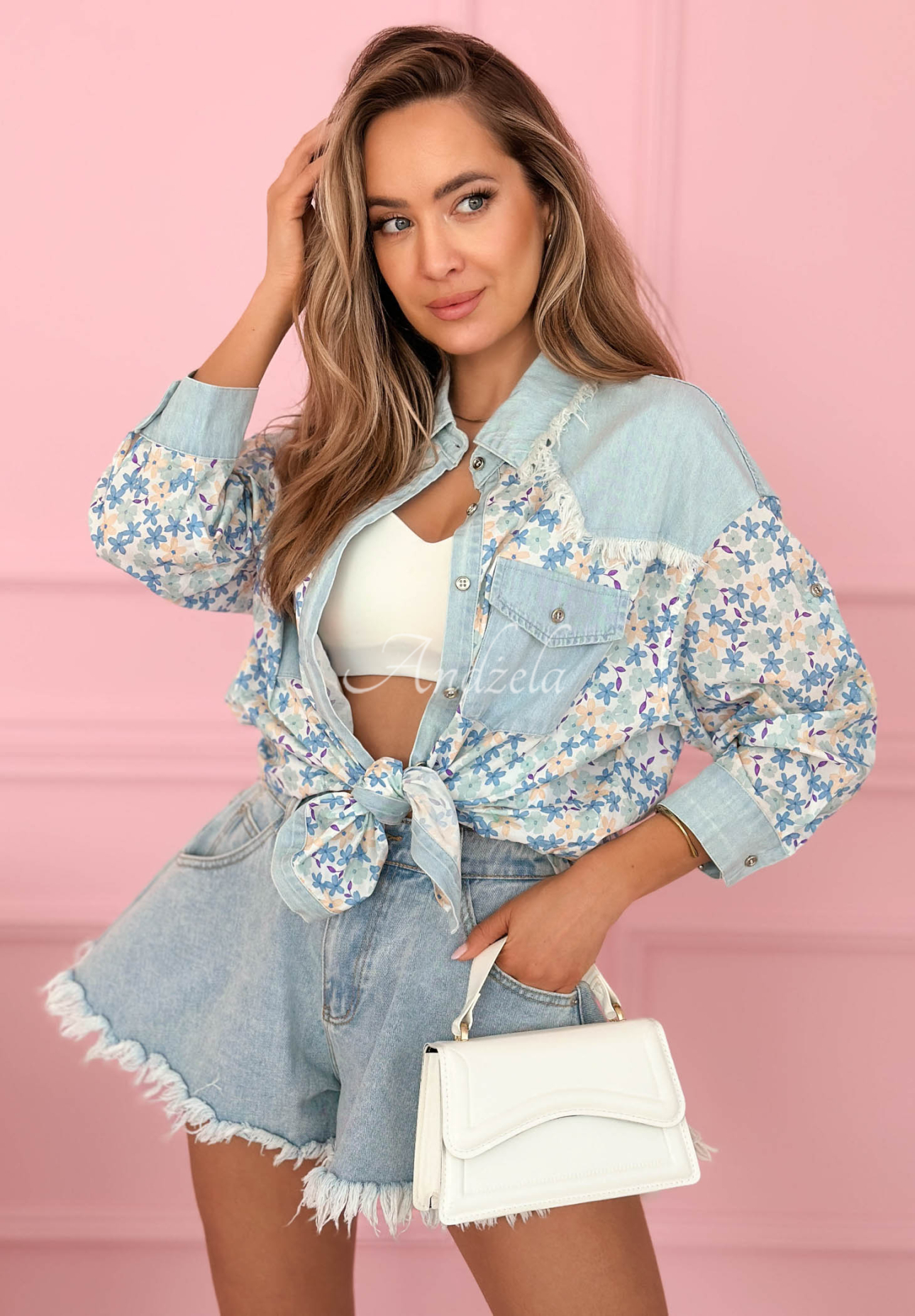 Cămașă cu imprimeu floral cu accente din denim Sunny Bloom