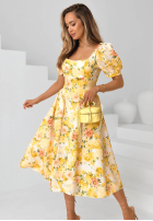 Kwiecista Rochie midi z bufkami Verbena galben