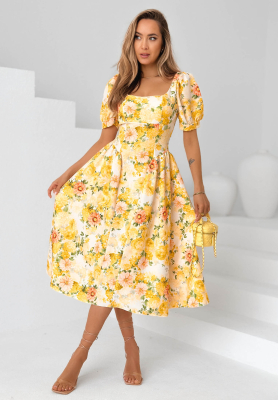 Rochie midi cu imprimeu floral și m&acirc;neci bufante Summer Flowers