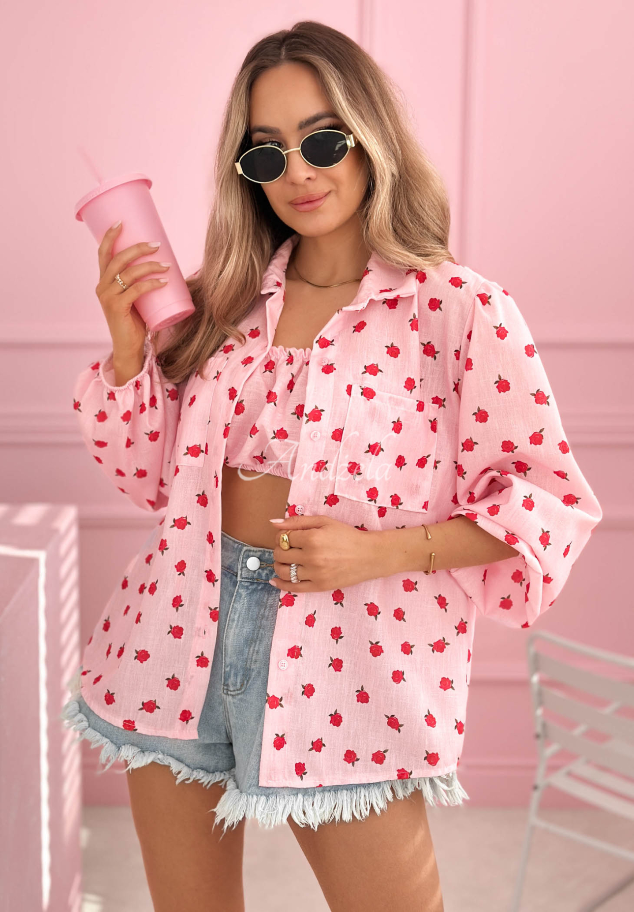 Set din bumbac cămașă și Top  cu trandafiri Velvet Rose