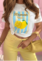 Tricou z nadrukiem w paski Limon Gelato biało-roz