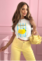 Tricou z nadrukiem w paski Limon Gelato biało-roz