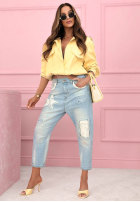 Pantaloni din denim mom fit z naszywkami Place Like This albastre