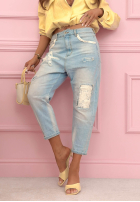 Pantaloni din denim mom fit z naszywkami Place Like This albastre