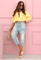 Pantaloni din denim mom fit z naszywkami Place Like This albastre