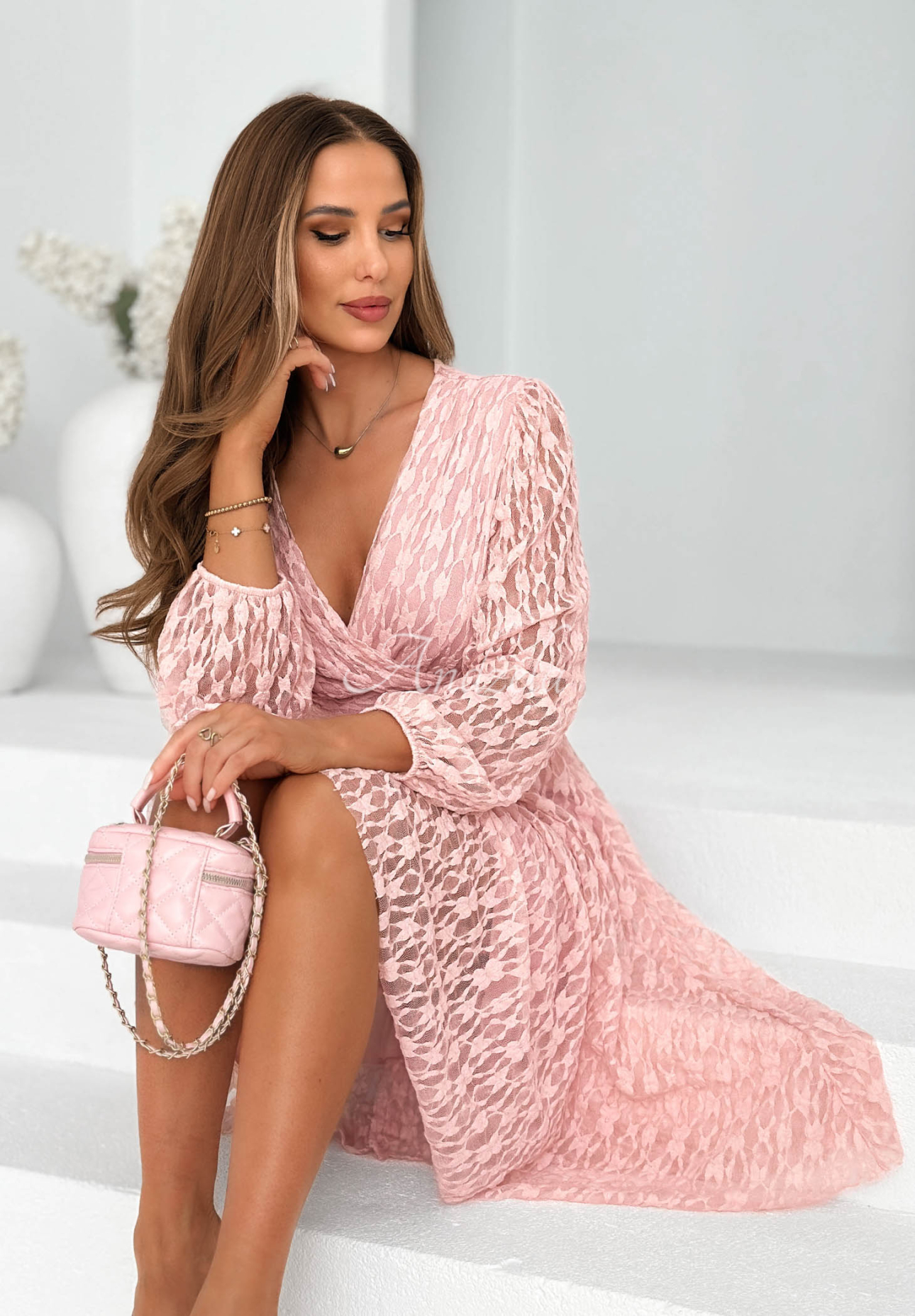 Rochie din dantelă cu talie încrețită Good Moment