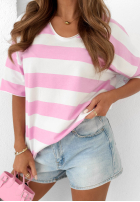 Tricou z dekoltem w paski Blaire biało-roz