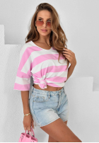 Tricou z dekoltem w paski Blaire biało-roz