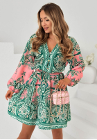 Wzorzysta Rochie mini z paskiem Endless Spring zielono-roz