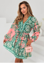 Wzorzysta Rochie mini z paskiem Endless Spring zielono-roz