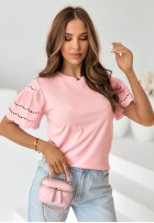 Tricou z ażurowymi rękawkami Maritta roz pudră