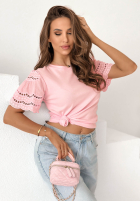 Tricou z ażurowymi rękawkami Maritta roz pudră