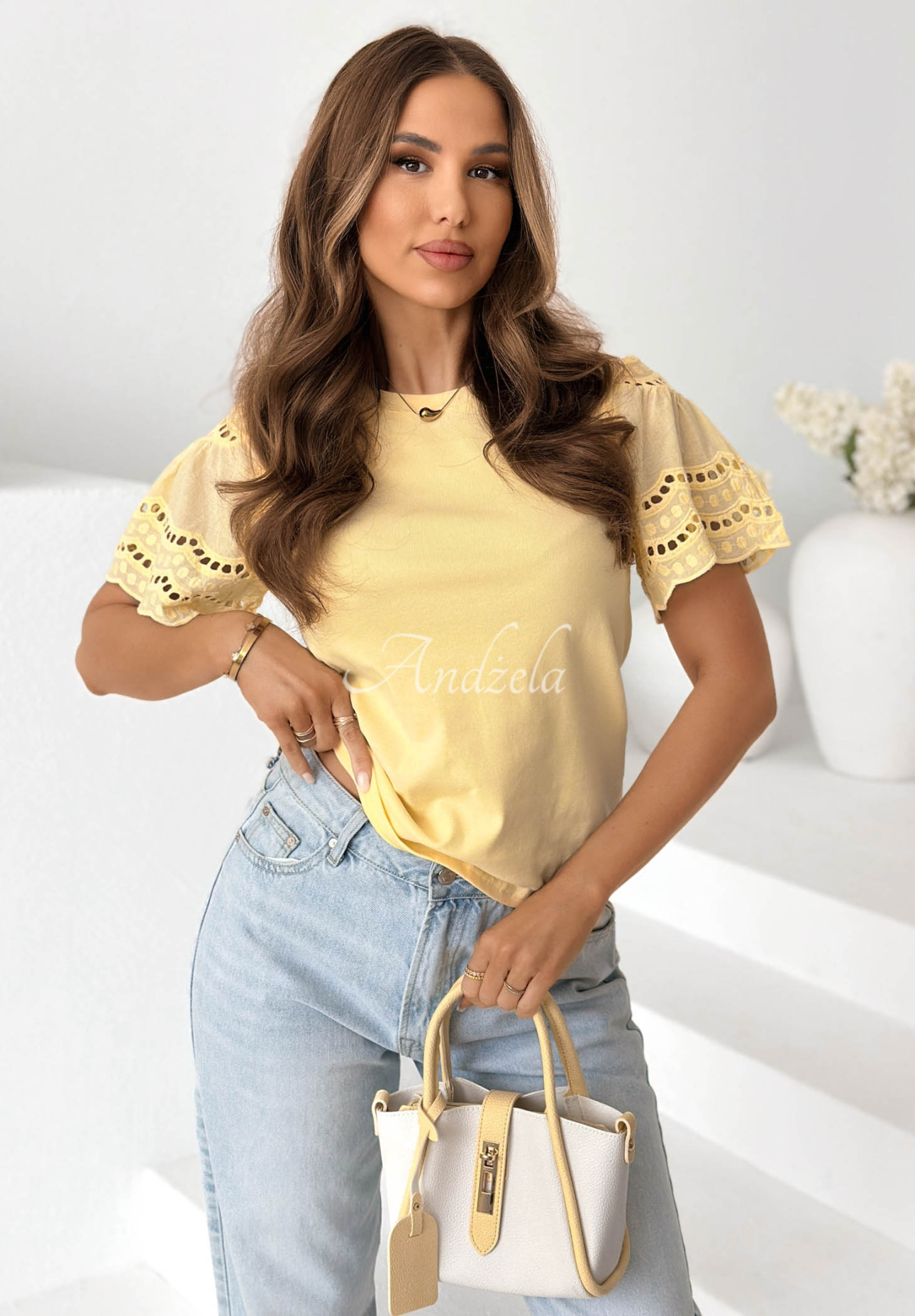 Tricou din bumbac cu mâneci ajurate Maritta