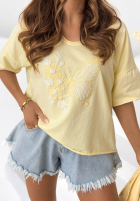 Bawełniany Tricou z haftem Pretty Butterfly galbene