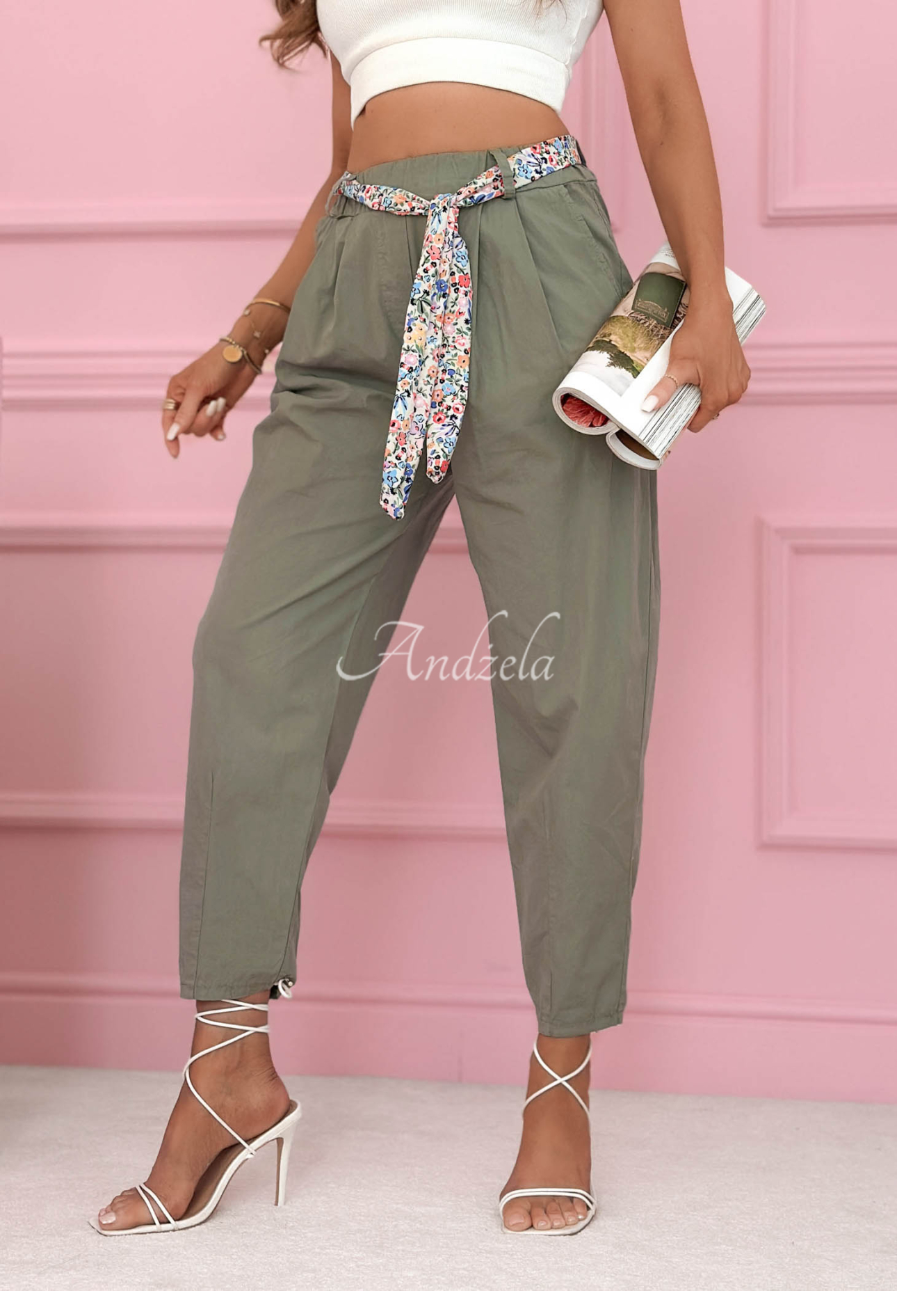 Pantaloni din bumbac cu curea Soft Blossom