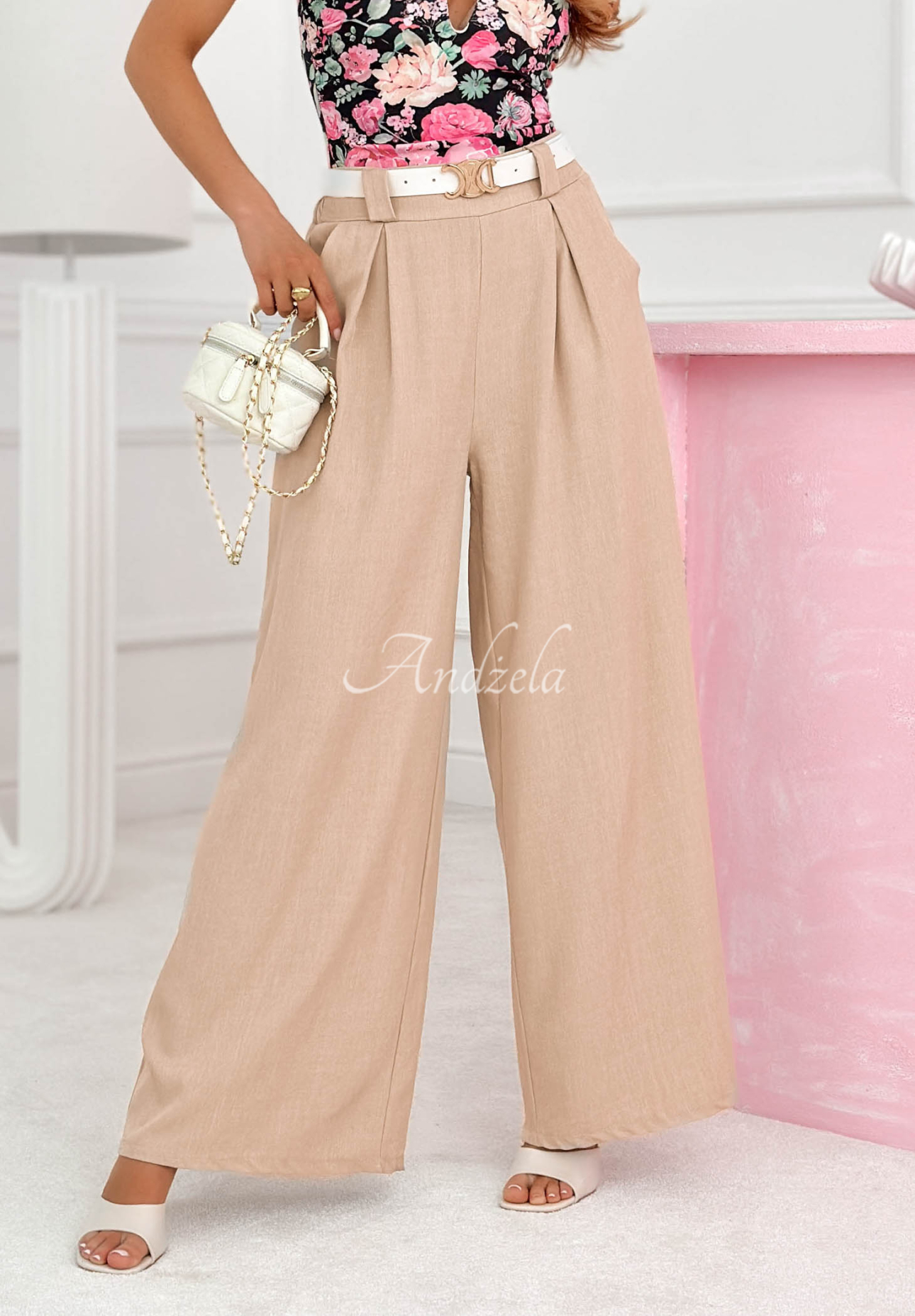 Pantaloni evazați din viscoză wide leg cu curea Morning Cappuccino