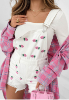 Krótkie din denim ogrodniczki w truskawki Sweet Berry białe