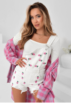 Krótkie din denim ogrodniczki w truskawki Sweet Berry białe