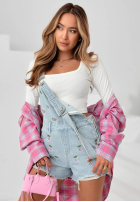 Krótkie din denim ogrodniczki w truskawki Sweet Berry białe