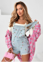 Krótkie din denim ogrodniczki w truskawki Sweet Berry białe