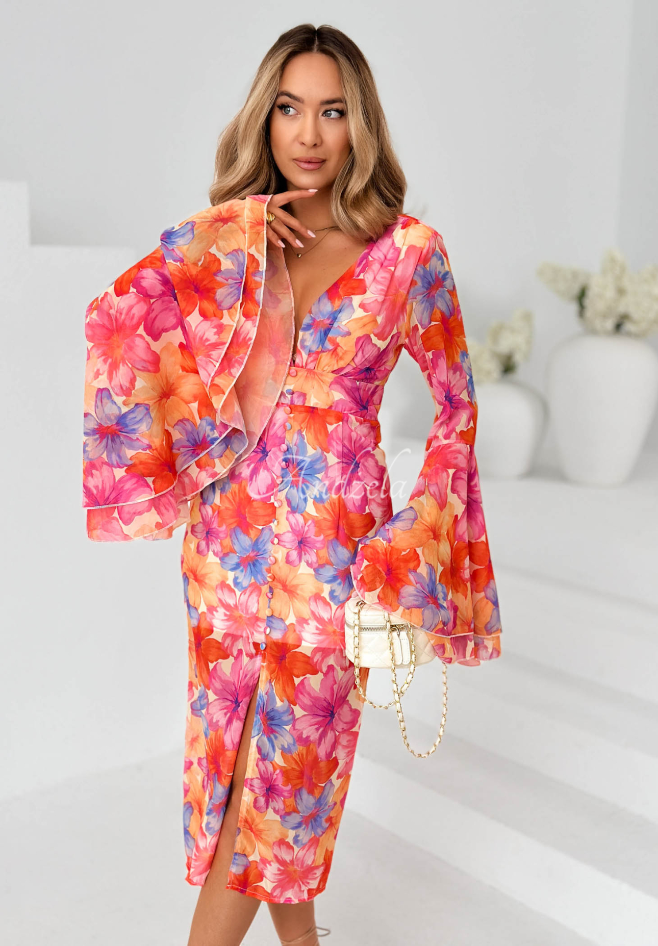 Rochie midi cu imprimeu floral și mâneci largi Dreamy Bloom