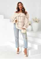 Ażurowa Bluză Cu croială spaniolă boho Pretty Sunshine bej