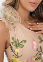 Tiulowa Rochie mini w haftowane kwiaty Grace Bloom bej