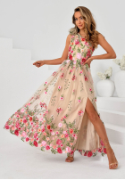 Tiulowa Rochie maxi w haftowane kwiaty Fairy Bloom bej