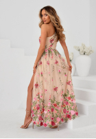 Tiulowa Rochie maxi w haftowane kwiaty Fairy Bloom bej