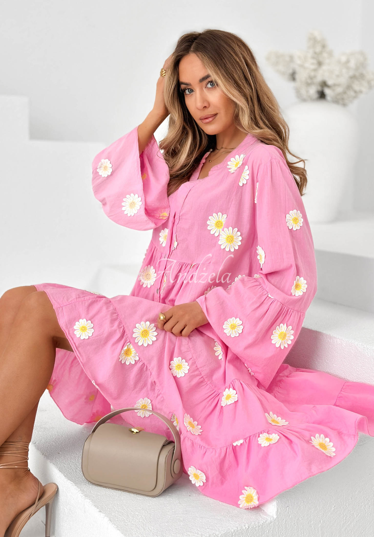 Rochie din bumbac cu volănașe și aplicații florale Cute Daisy