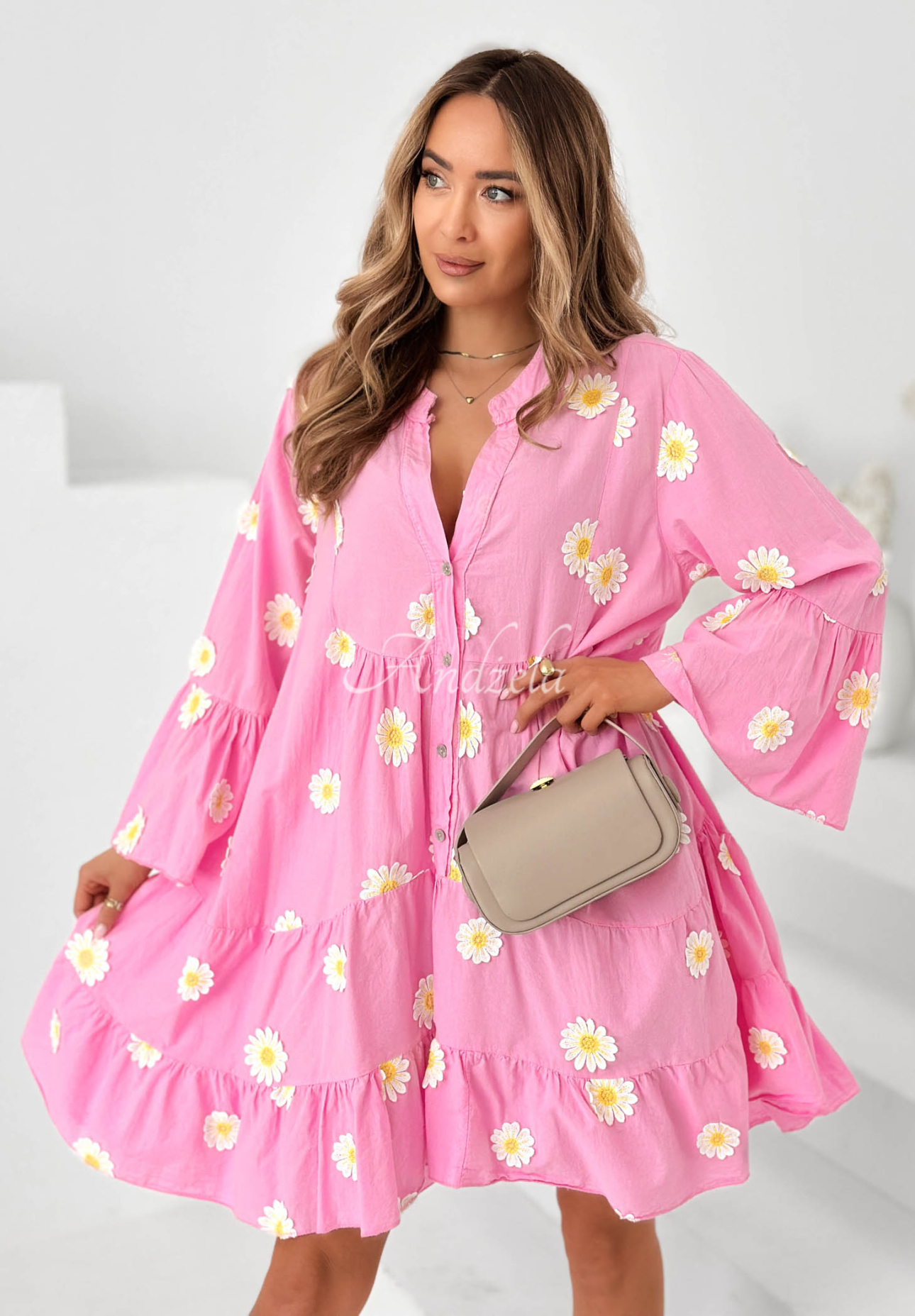 Rochie din bumbac cu volănașe și aplicații florale Cute Daisy