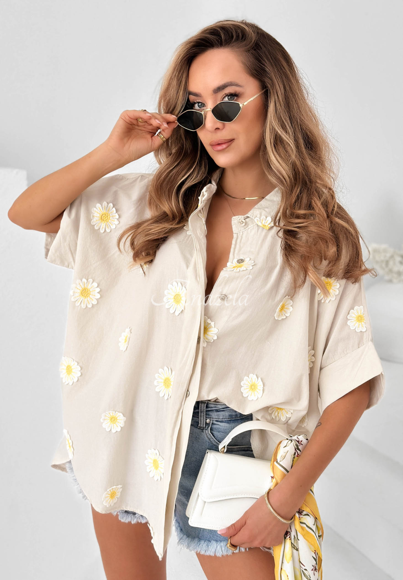 Cămașă din bumbac cu aplicații florale Cute Daisy