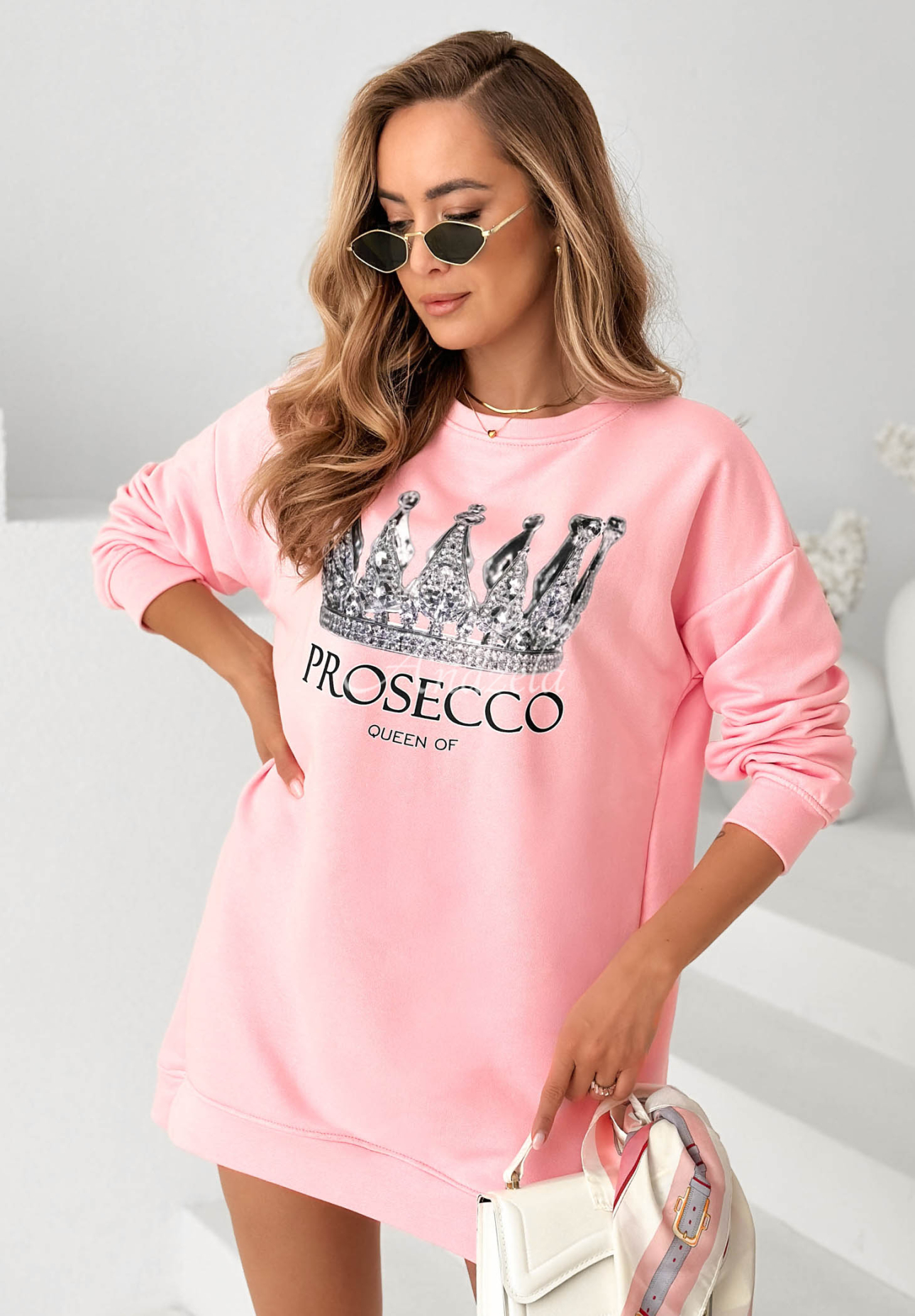 Rochie din bumbac tip trening cu imprimeu Queen Of Prosecco