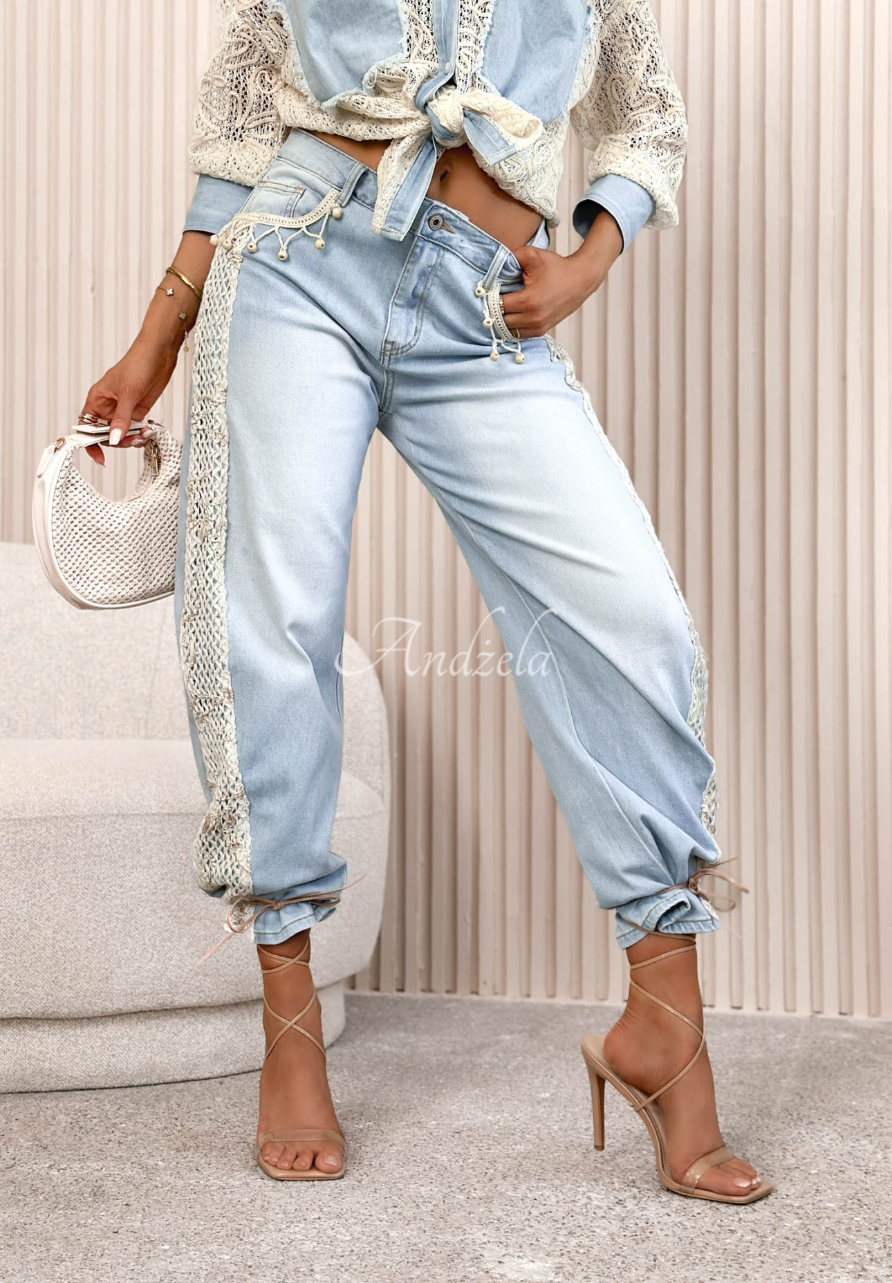 Blugi mom fit cu dantelă Seaside Dream