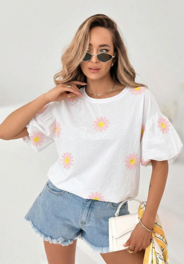 Bluză din bumbac cu m&acirc;neci bufante și flori brodate Sweet Daisy