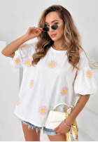 Bluză z bufkami i haftowanymi kwiatkami Sweet Daisy albă