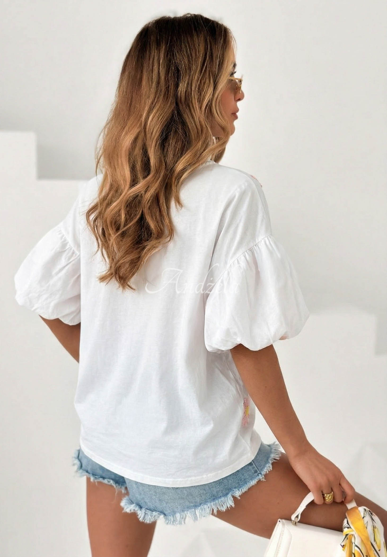 Bluză din bumbac cu mâneci bufante și flori brodate Sweet Daisy